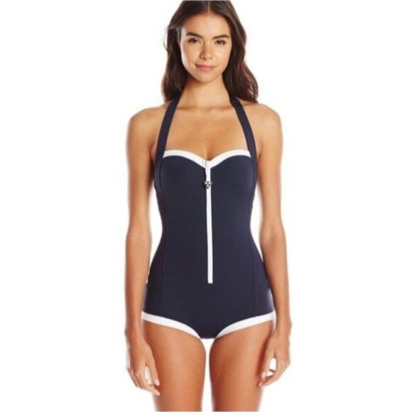 Seafolly Other - NWT Seafolly Block Party Swimsuit Size 10 One Piece Retro Halter Navy Blue